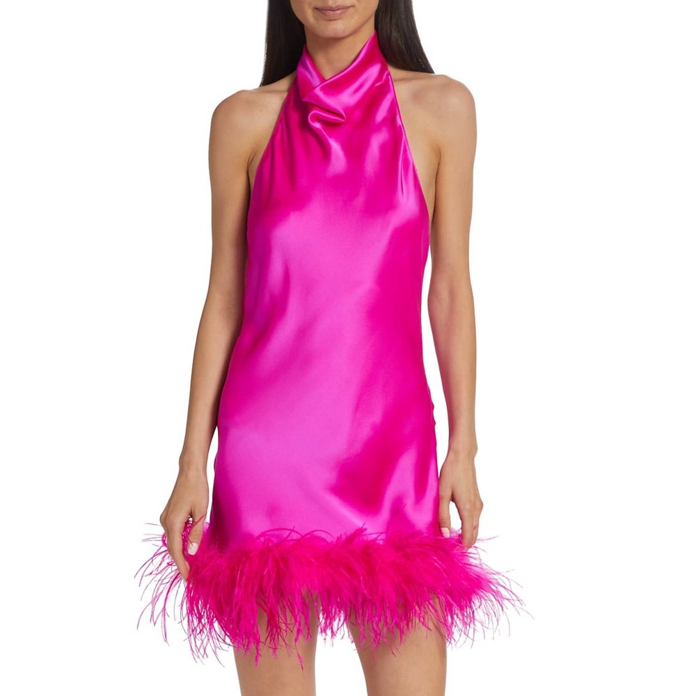 Amanda Uprichard Lunaria Feather Trim Halter Dress in Hot Pink Light M